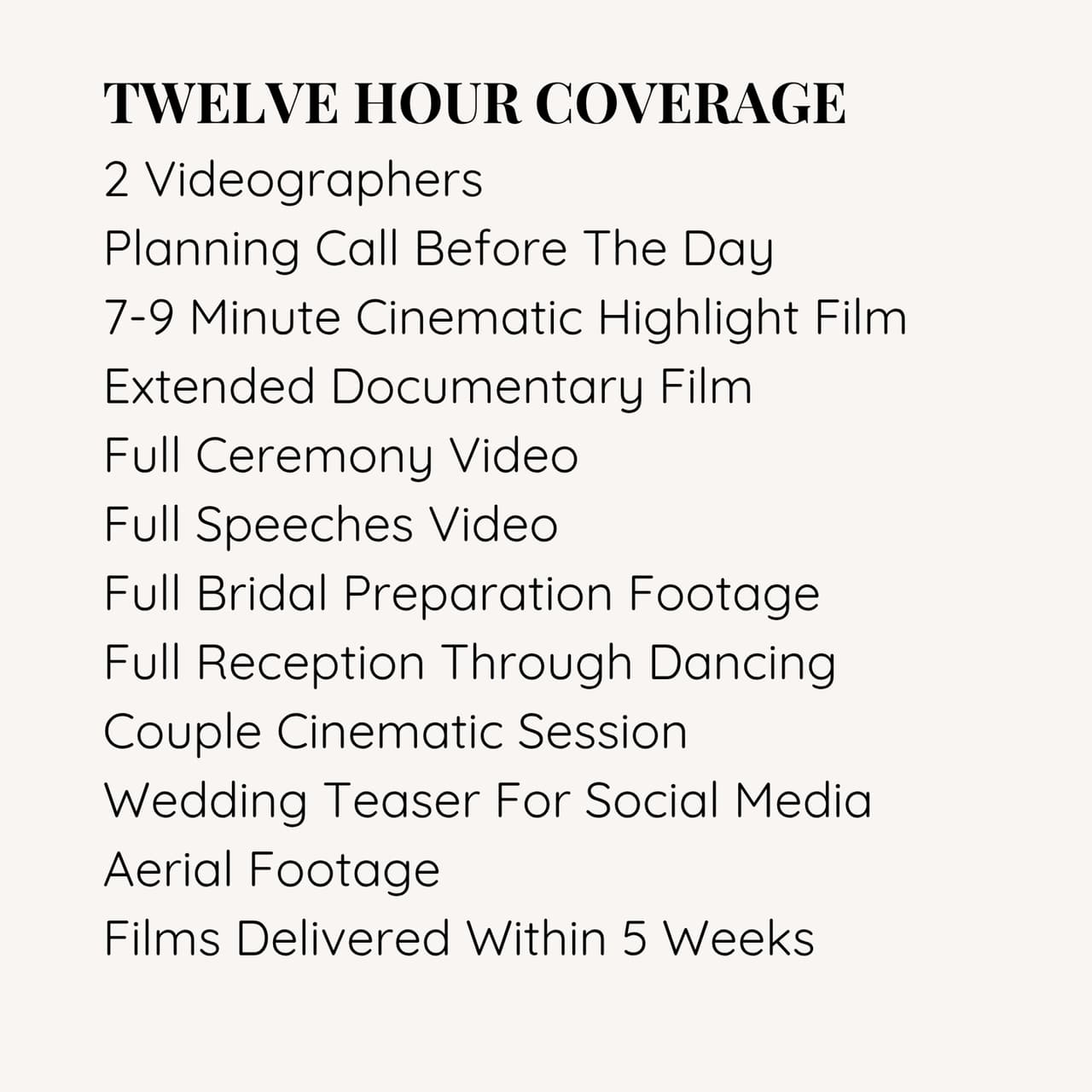 What is included in The Legacy, wedding videography: the back of the collection card