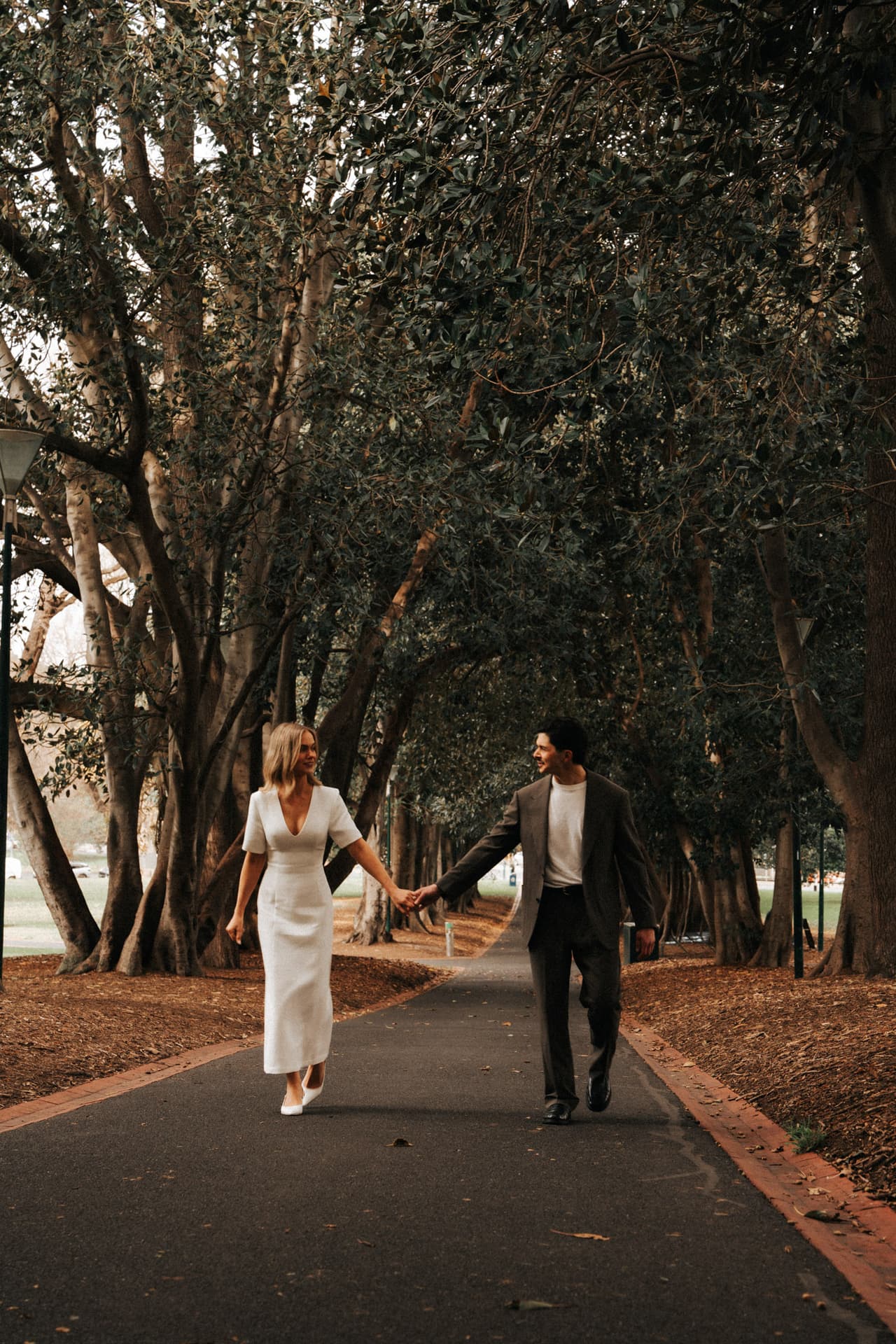 A couple walking hand in hand along a path under an avenue of old trees