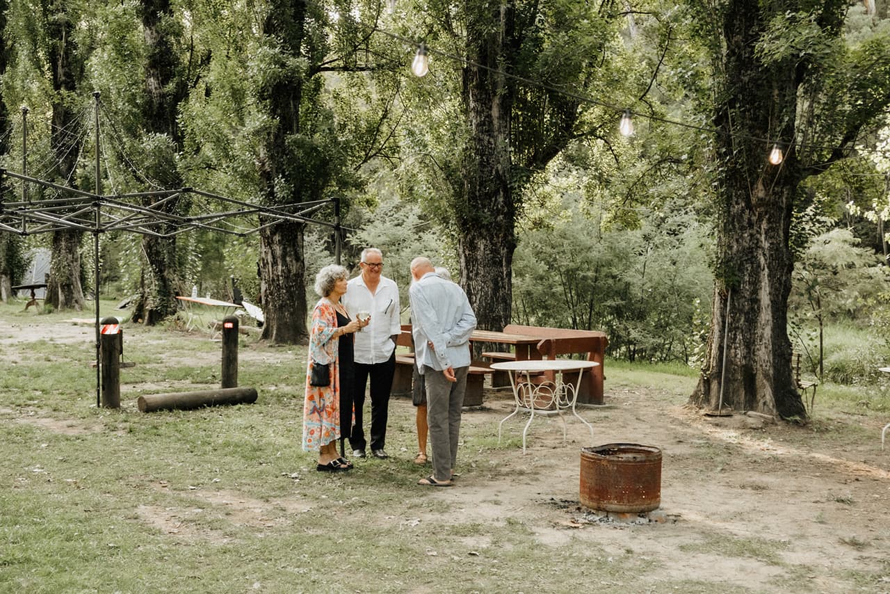 Guests on the lawn under tall poplars, a fire pit and festoon wires strung between the trees