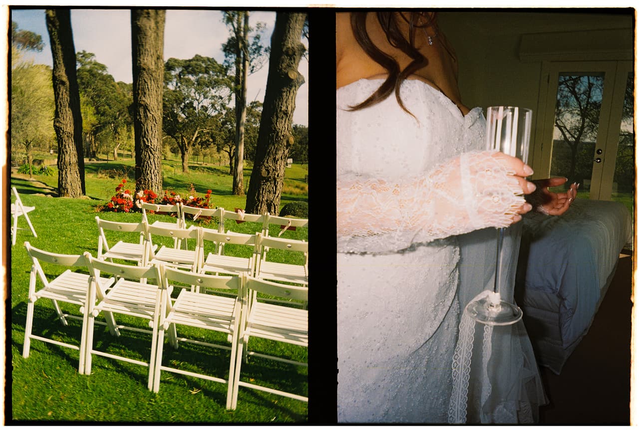 Two half frames side by side: white folding chairs set out on the lawn under tall trees before the ceremony, and Kristie’s lace sleeve and champagne flute, on 35mm film