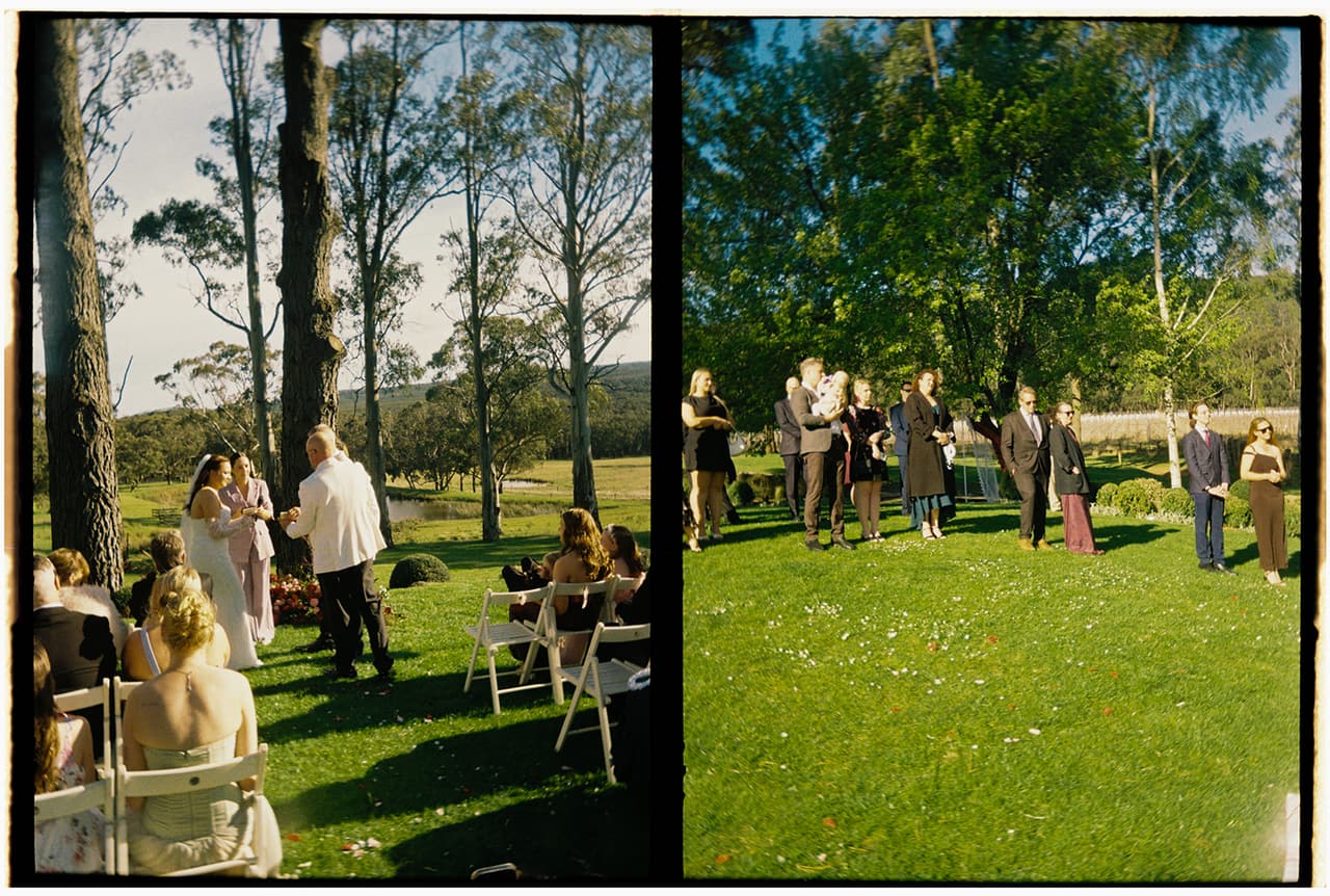 Two half frames side by side: the ceremony lawn under tall trees from the side, and guests standing on the grass beneath a spreading tree, on 35mm film