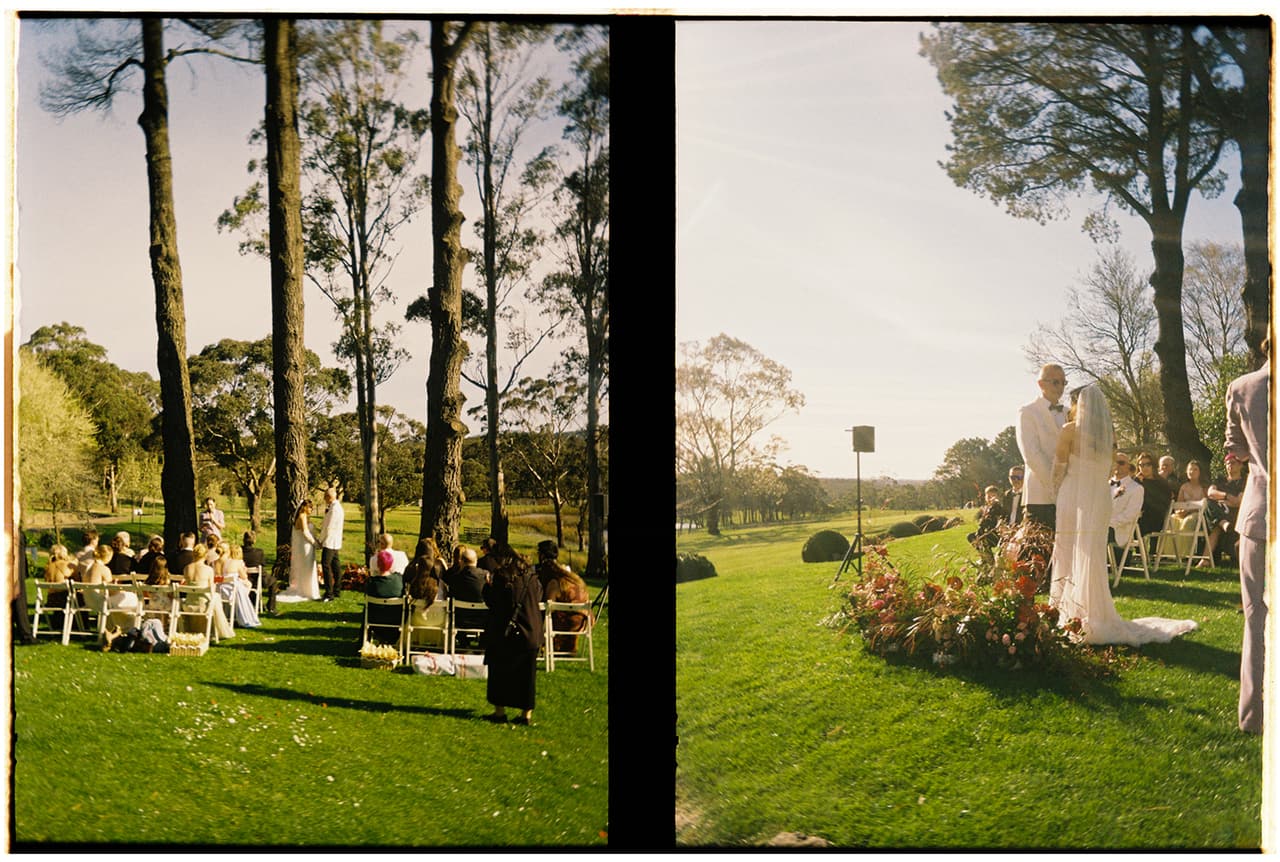 Two half frames side by side: the ceremony lawn from far back, and the couple beside the floral arrangement with the valley opening out behind, on 35mm film