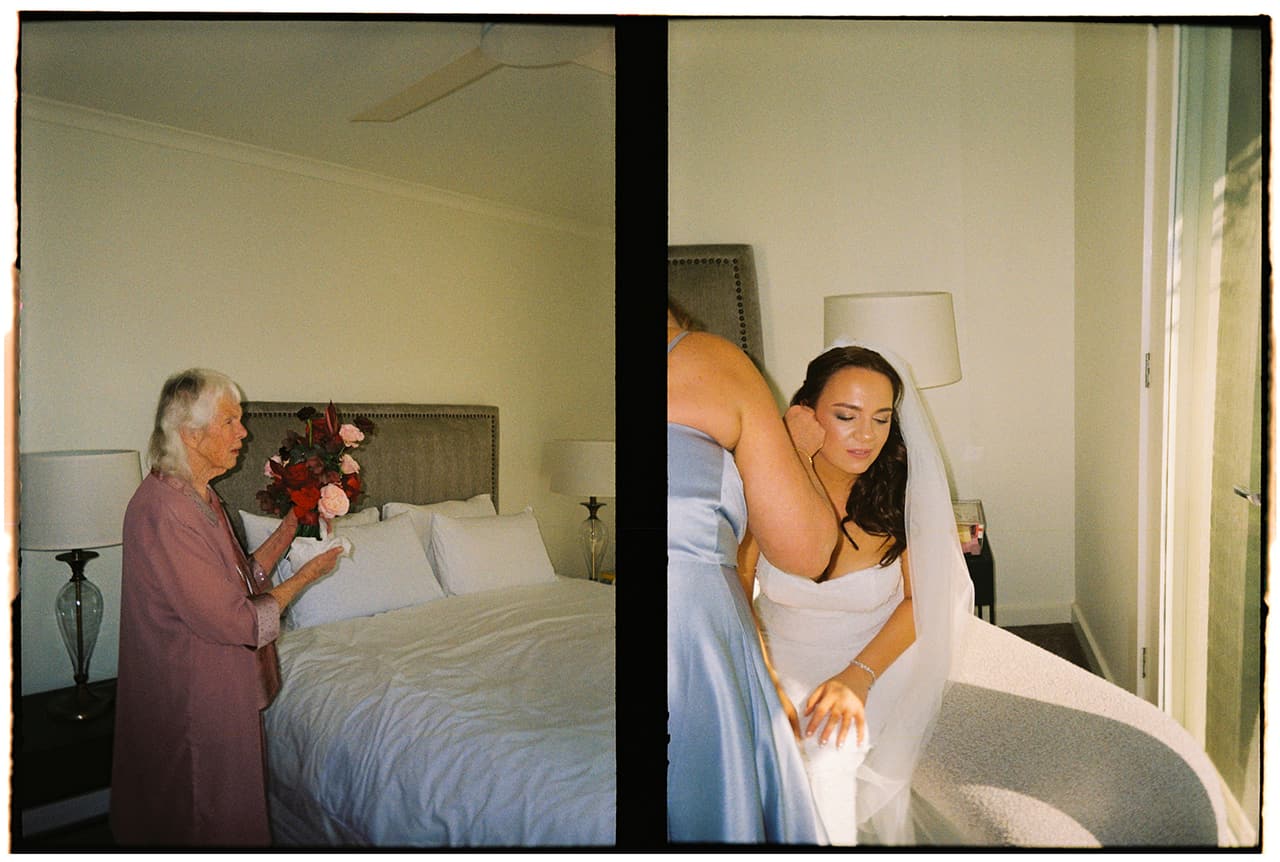 Two half frames side by side: the bedroom where Kristie got ready, a white bed and lamps, and Kristie in her gown with a bridesmaid behind her, on 35mm film