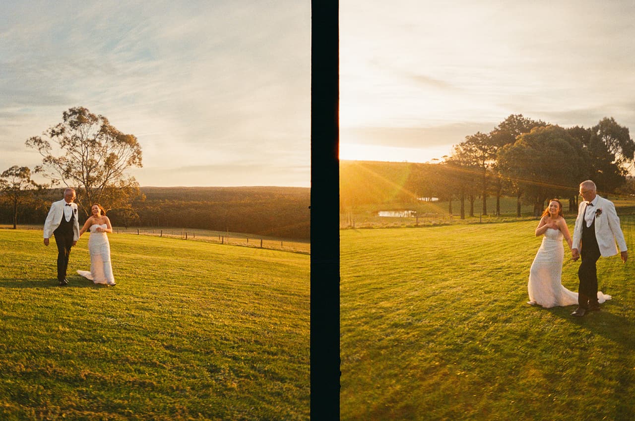 Two half frames side by side: the couple small in the open paddock at golden hour, a big gum and the tree line behind, on 35mm film