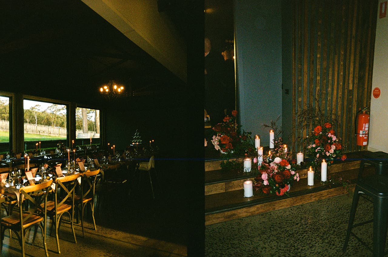 Two half frames side by side: the reception room set with long tables and crossback chairs by big windows over the vines, and the candlelit head table against timber panelling, on 35mm film
