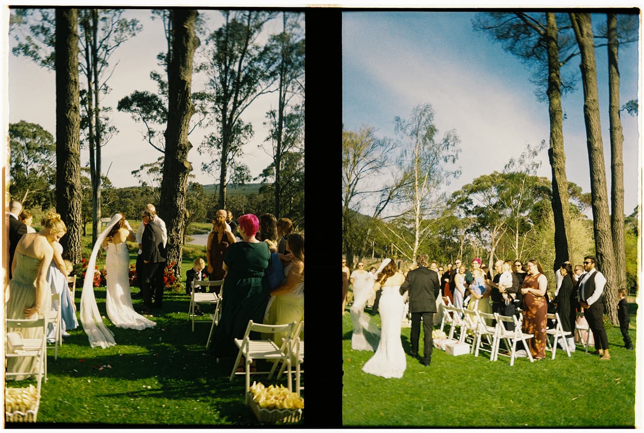 Two half frames side by side: Kristie walking down the aisle past her standing guests, and on her dad’s arm seen from behind, on 35mm film