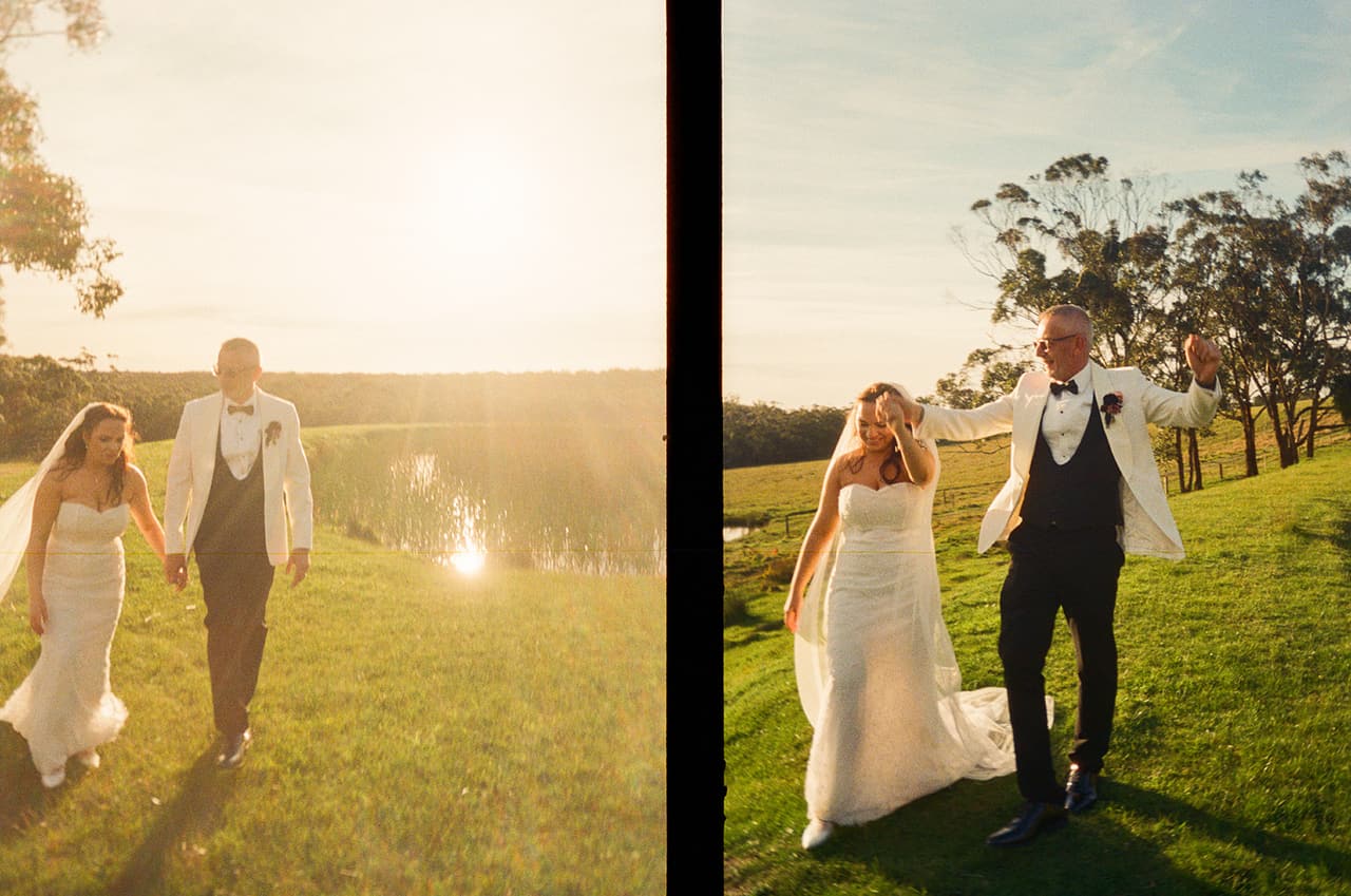 Two half frames side by side: Kristie and Gareth walking by the dam in the low sun, then Gareth throwing his arms up as Kristie laughs, on 35mm film