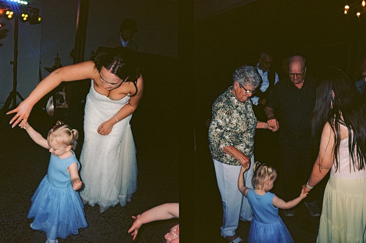 Two half frames side by side: Kristie dancing with a little girl in blue, and an older couple dancing with a child, on 35mm film