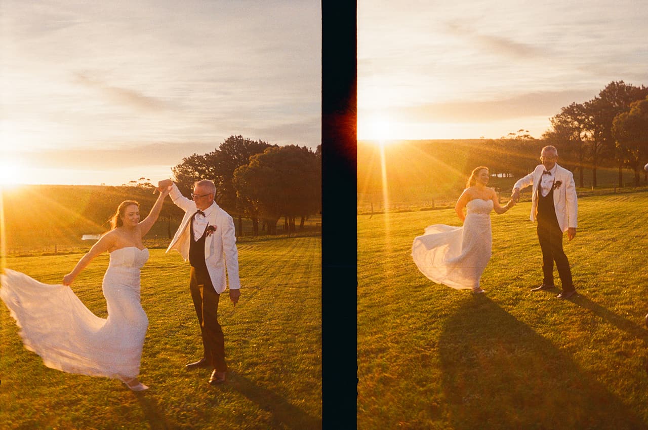 Two half frames side by side: Gareth twirling Kristie in the paddock as the sun goes down, on 35mm film
