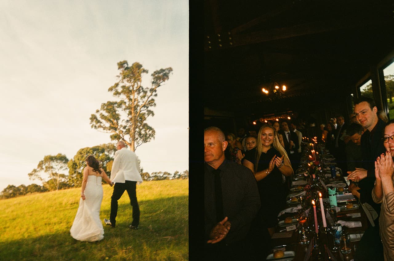 Two half frames side by side: the last light on the hill, and the guests standing to applaud at their candlelit tables as the reception begins, on 35mm film