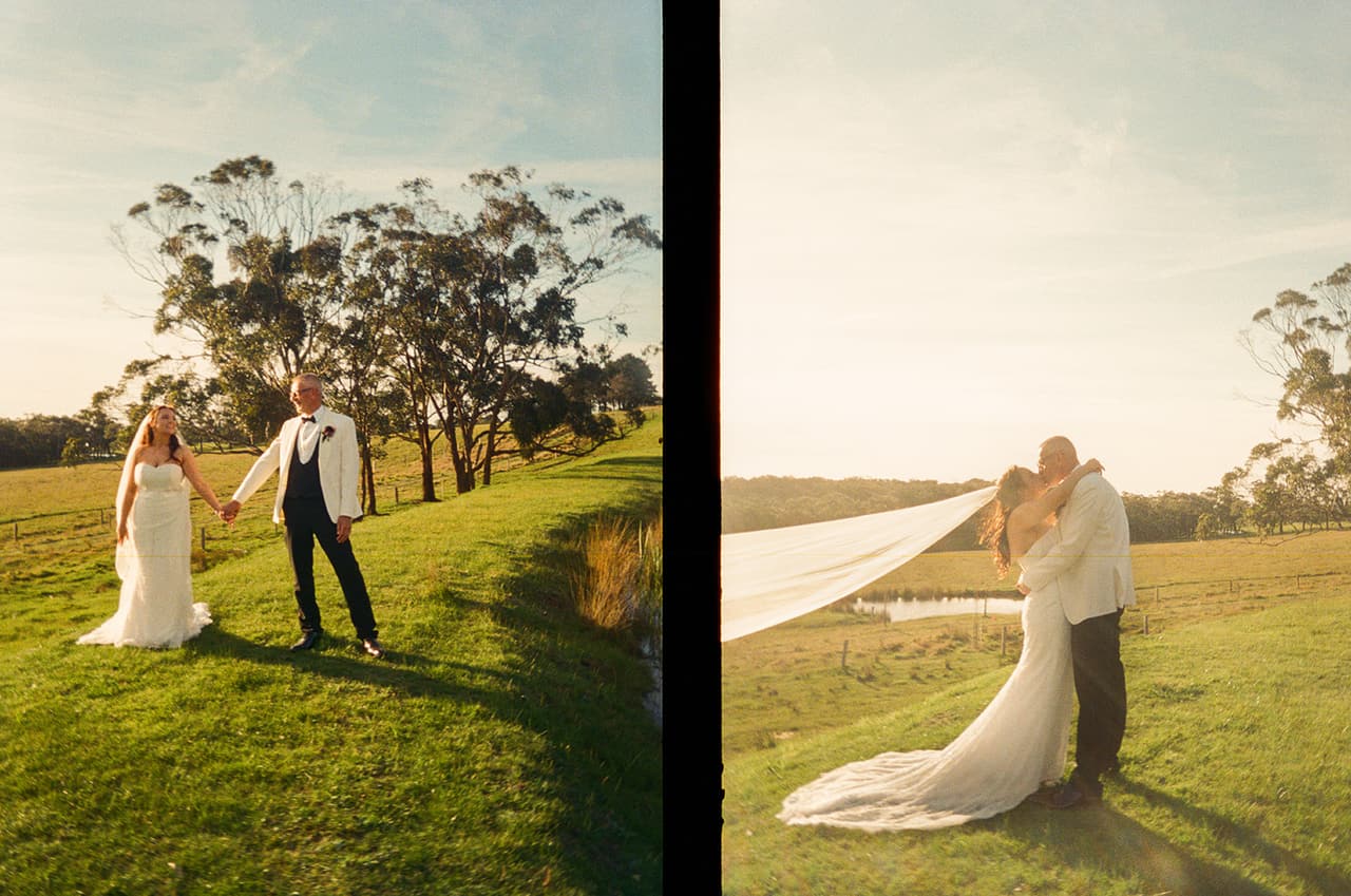 Two half frames side by side: Kristie and Gareth hand in hand by the dam, then her veil streaming in the wind as they hold each other, on 35mm film