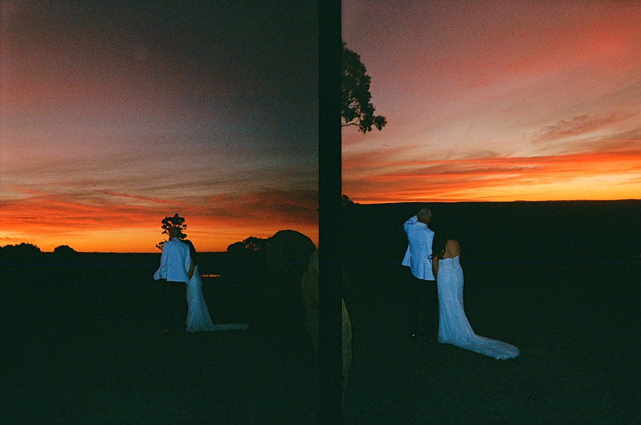 Two half frames side by side: Kristie and Gareth in silhouette against a red sunset sky, on 35mm film