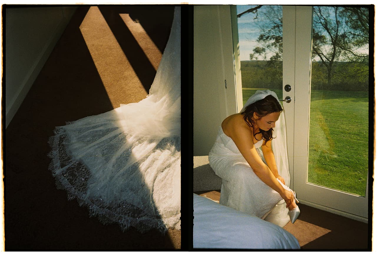 Two half frames side by side: the lace train of Kristie’s gown in a stripe of sunlight, and Kristie doing up her shoes by the glass doors, on 35mm film