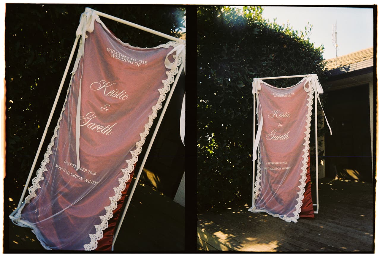 Two half frames side by side: the pink and lace welcome banner with Kristie and Gareth’s names, the date and Mount Macedon Winery, on 35mm film