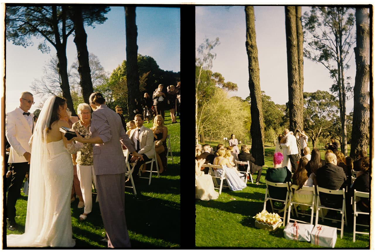 Two half frames side by side: Kristie and the celebrant bringing an older woman in a floral blouse forward during the ceremony, and the guests watching from their chairs, on 35mm film
