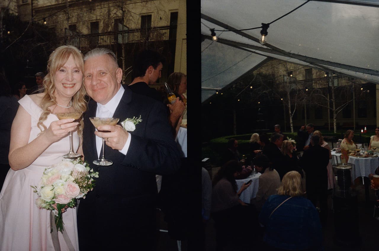 Two half frames side by side: Terrie and Jon raising espresso martinis, and their guests under the marquee, on 35mm film
